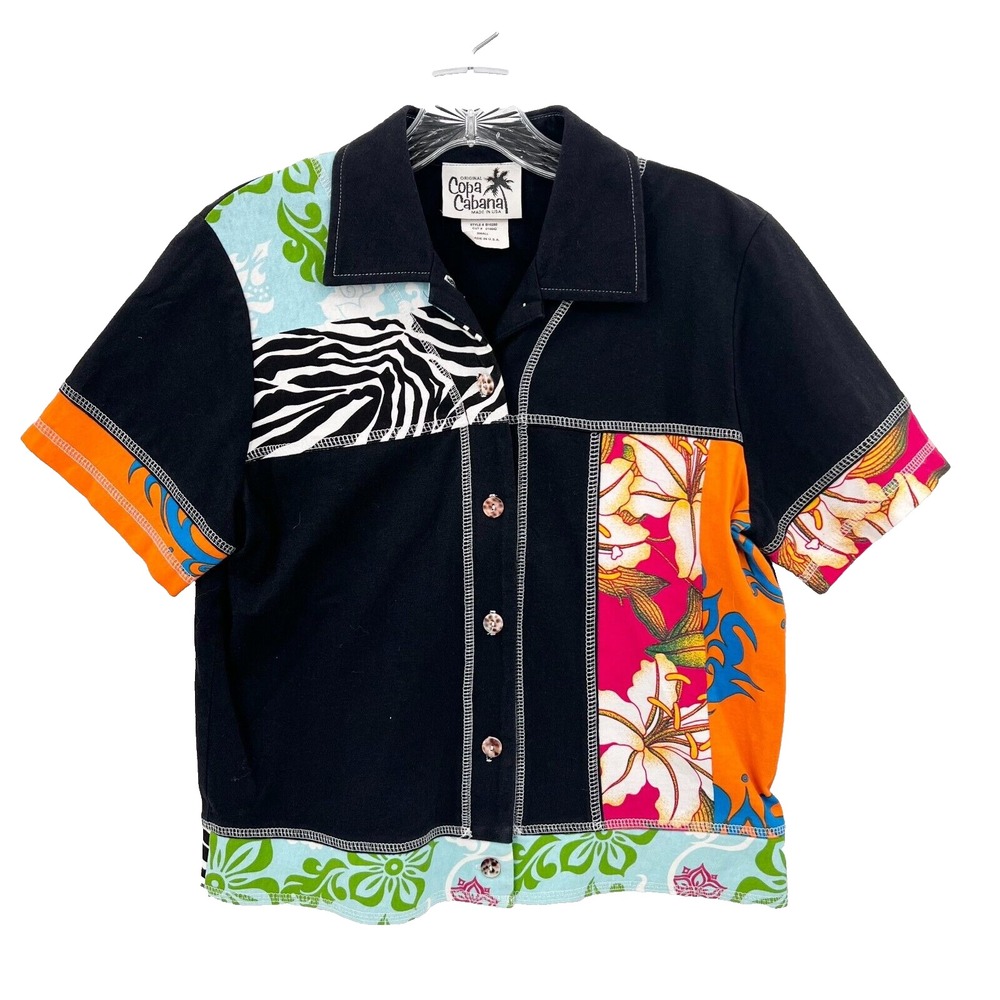 COPA CABANA Women's Size S Vintage Button-Up Patchwork Tropical Zebra Shirt USA
